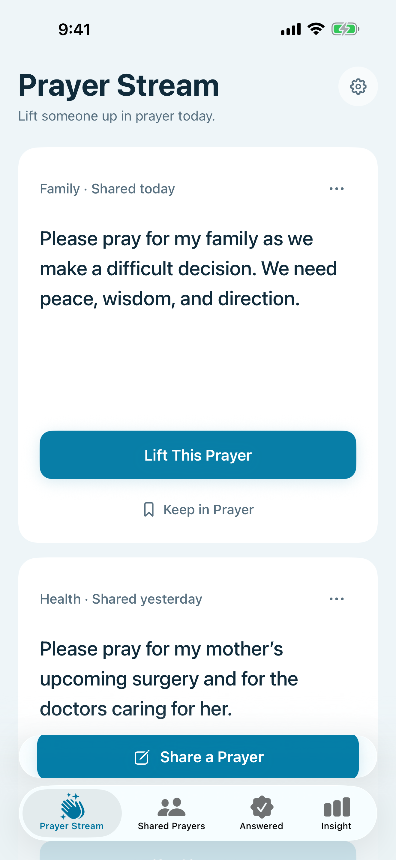 Prayer Ledger screenshot: Prayer Stream opens first with one shared prayer at a time