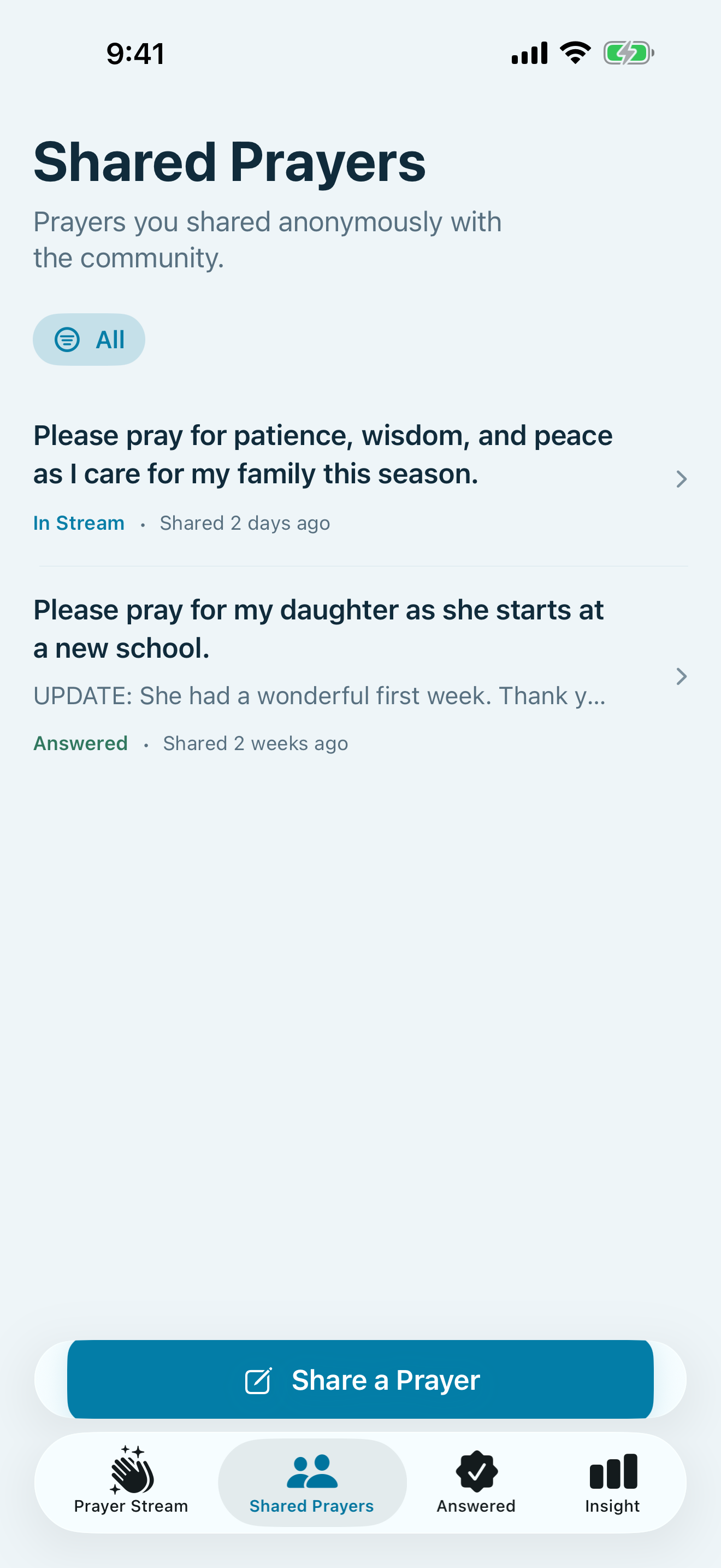 Prayer Ledger screenshot 4: Private Insight totals for prayers lifted and lifts received