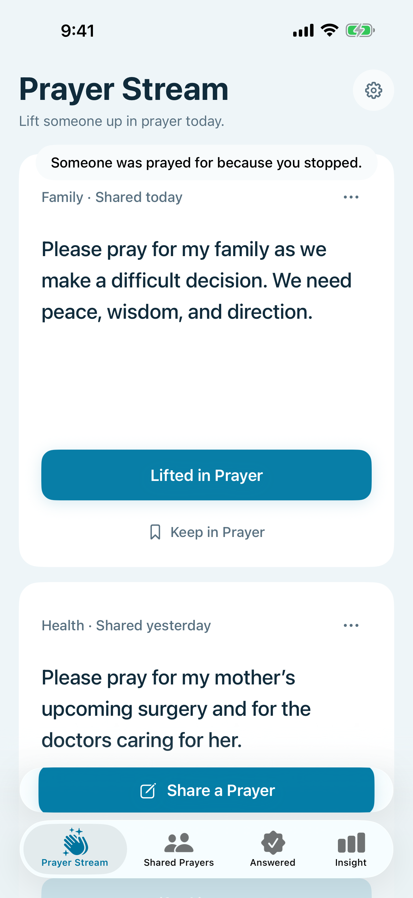 Prayer Ledger screenshot: Anonymous sharing with clear reminders that shared text is public