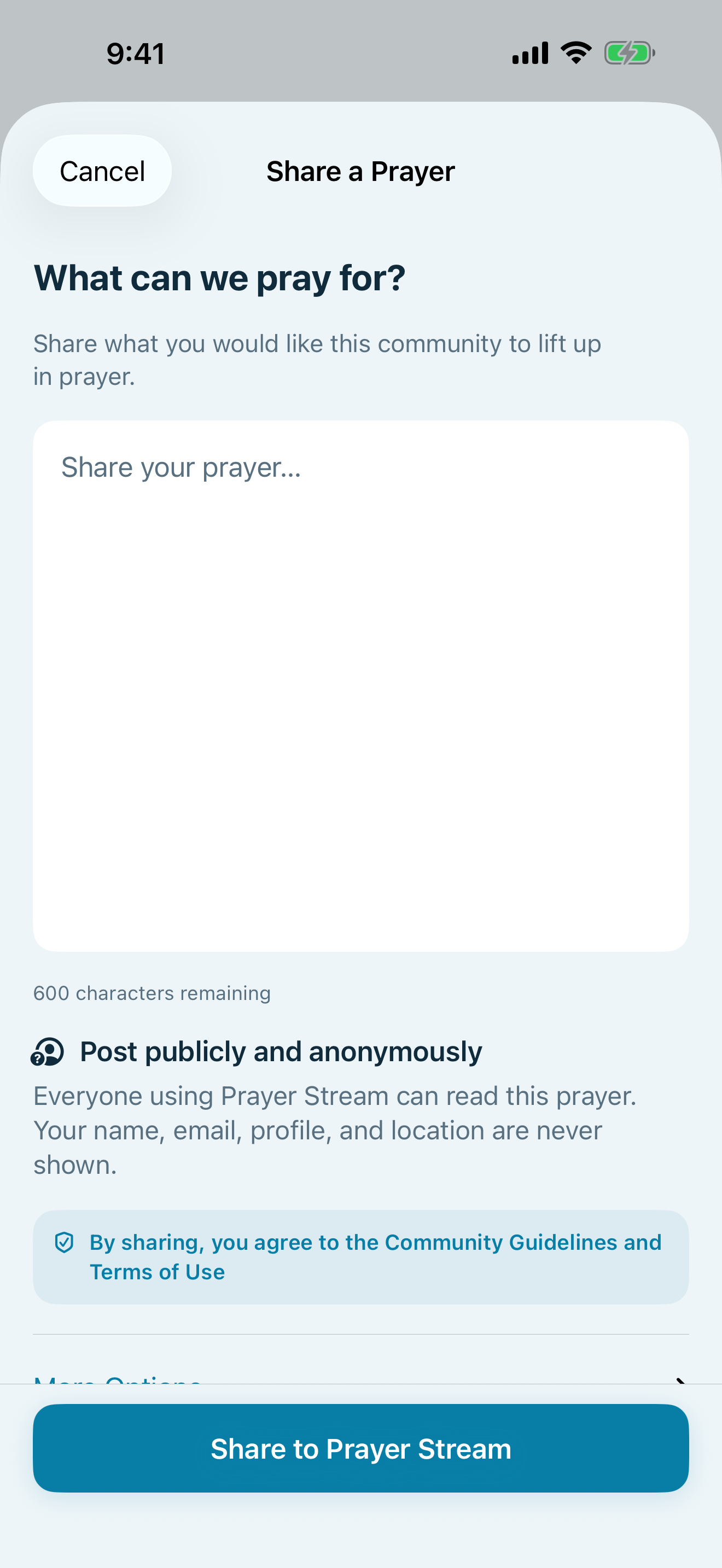 Prayer Ledger screenshot: Private and shared prayers together in My Prayers